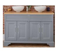 Homestylestore Light Grey And Oak 1210mm Bathroom Vanity Unit With 2 Round Countertop Basins And Chrome T Bar Handles