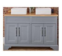 Homestylestore Light Grey And Oak 1210mm Bathroom Vanity Unit With 2 Square Countertop Basins And Black T Bar Handles