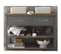 Homestylestore Light Grey And Oak 1215mm Bathroom Cloakroom Vanity Unit With Two Square Countertop Basins And Chrome T Bar Handles