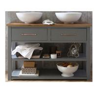 Homestylestore Light Grey And Oak 1215mm Bathroom Vanity Unit With Two Round Countertop Basins And Aged Bronze T Bar Handles
