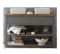 Homestylestore Light Grey And Oak 1215mm Bathroom Vanity Unit With Two Square Countertop Basins And Aged Bronze T Bar Handles