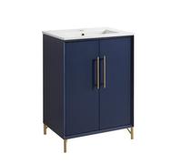 Homestylestore Navy Blue 610mm Bathroom Vanity Unit With Basin And Brushed Brass T Bar Handle