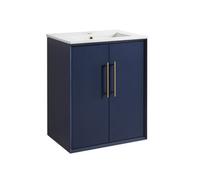 Homestylestore Navy Blue 610mm Wall Hung Bathroom Vanity Unit With Basin And Brushed Brass T Bar Handle