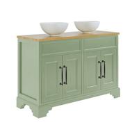 Homestylestore Pastel Green And Oak 1210mm Bathroom Vanity Unit With 2 Round Countertop Basins And Black T Bar Handles
