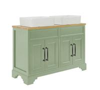 Homestylestore Pastel Green And Oak 1210mm Bathroom Vanity Unit With 2 Square Countertop Basins And Black T Bar Handles