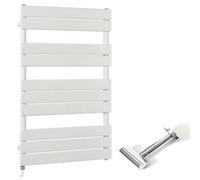 Homestylestore White Flat Panel Heated Towel Rail Radiator With Simple Heating Element And Cable Cover 975mm X 600mm