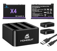 Homesuit 2-Pack Insta 360 X4 Replacement Battery 2500mAh and 3-Channels USB LED Charger Kit Compatible with Insta360 X4 Action Camera with SD Card Slots (Not for X4 Air)