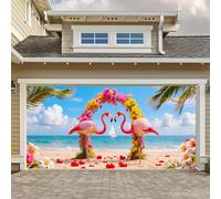 HOMETITUTE 16x7ft Flamingo Beach Garage Door Banner Tropical Floral Arch and Palm Trees with Sunset Beach Scene for Outdoor Summer Decoration Garage Door Cover with Vibrant Beach Backdrop