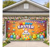 HOMETITUTE 16x7ft Happy Easter Garage Door Banner Bunny Easter Eggs Garage Door Decorations Colorful Spring Flowers Butterflies Garages Backdrop Festive Decorations for Easter Garages Doors Cover
