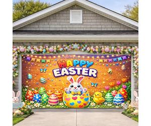 HOMETITUTE 16x7ft Happy Easter Garage Door Banner Bunny Easter Eggs Garage Door Decorations Colorful Spring Flowers Butterflies Garages Backdrop Festive Decorations for Easter Garages Doors Cover