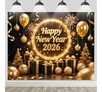 HOMETITUTE 2026 Happy New Year Backdrop 8x6ft Gold Balloon Gift Box Black and Gold Photography Background for New Year Party Decoration Holiday Celebration Countdown Event Stage Photo Booth Display