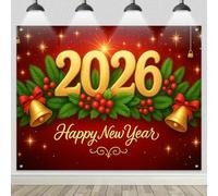 HOMETITUTE 2026 Happy New Year Backdrop 8x6ft Red and Gold Bell Green Leaf Photography Background for New Year Party Decoration Holiday Celebration Winter Event Countdown Photo Booth Wall Display