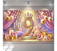 HOMETITUTE 9th Happy Birthday Backdrop Decoration for Girls Princess Party Background Banner with Gold Balloons Flowers and Candles Outdoor Holiday Birthday Banner for Photography Background 71x43 In