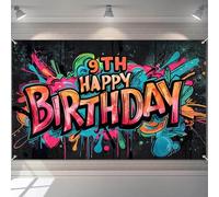 HOMETITUTE 9th Happy Birthday Banner Graffiti Style with Colorful Paint Splashes Kids Birthday Party Decoration with Balloons Flowers and Candles Outdoor Holiday Photography Banner 71x43 Inch