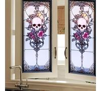 HOMETITUTE Art Nouveau Skull Rose Privacy Window Film Gothic Stained Glass Decorative Cling for Glass Doors and Windows Halloween Vintage PVC Panel 16x39 Inch Indoor Home Office Decor
