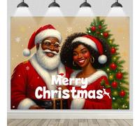 HOMETITUTE Black Santa Backdrop 8x6ft Merry Christmas Photo Background African American Santa and Mrs Claus Holiday Decoration Christmas Tree Photography Banner for Winter Party Celebration Display