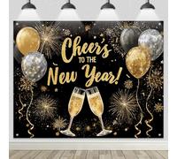 HOMETITUTE Cheers to The New Year Backdrop 8x6ft Gold Black Champagne Photography Background Glitter Balloons Fireworks Banner for New Year Eve Party Holiday Celebration Decoration Indoor Photo Booth