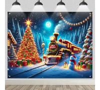 HOMETITUTE Christmas Backdrop 8x6ft Christmas Train Banner Winter Wonderland Scene Background Holiday Party Decoration Christmas Tree Gifts Winter Snowman Indoor Outdoor Photography Display