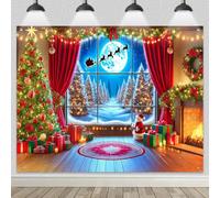 HOMETITUTE Christmas Backdrop 8x6ft Living Room Window View Banner Santa Sleigh Moon Scene Fireplace and Tree Background Holiday Decoration for Indoor Outdoor Party Photography