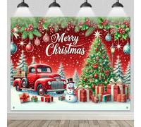 HOMETITUTE Christmas Backdrop 8x6ft Merry Christmas Banner Red Truck Winter Snowman Christmas Tree Background Winter Holiday Decorations for Indoor Outdoor Party Photo Booth Photography Display