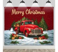 HOMETITUTE Christmas Backdrop 8x6ft Red Truck Merry Christmas Banner Vintage Pickup Winter Tree Background Holiday Party Decoration for Indoor Outdoor Photography Display