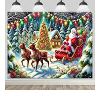 HOMETITUTE Christmas Backdrop 8x6ft Santa Sleigh Banner Reindeer Tree Winter Snow House Background Holiday Photography Decoration for Indoor Outdoor Party Winter Wonderland Photo Display Scene