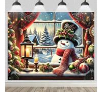 HOMETITUTE Christmas Backdrop 8x6ft Winter Snowman Window View Banner Winter Wonderland Scene Background Holiday Party Decoration Indoor Outdoor Photography Christmas Tree Gifts Display