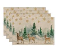 HOMETITUTE Christmas Placemats Set of 4 Linen 12x18 Inch Washable Table Mats with Winter Forest Reindeer and Snowflake Design Decorative Table Placemats Set of 4 for Holiday Kitchen Dining Decor