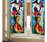 HOMETITUTE Day of The Dead Catrina Skeleton Privacy Window Film Gothic Stained Glass Decorative Cling for Doors and Windows Colorful Halloween PVC Panel 16x39 Inch Indoor Spooky Decor