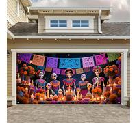HOMETITUTE Day of The Dead Garage Door Cover 13x6Ft Dia de Los Muertos Backdrop Skeleton Banner Cempasuchil Decoration Papel Picado Wall Panel for Halloween Mexican Festival Outdoor Background