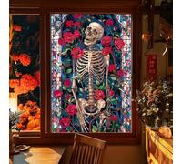 HOMETITUTE Day of The Dead Window Film 24x36 Inch PVC Skeleton Halloween Window Decal with Red Rose Floral Stained Glass Art Static Window Sticker for Glass Día de Los Muertos Decoration