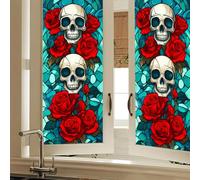 HOMETITUTE Dual Skull Rose Privacy Window Film Gothic Halloween Stained Glass Decorative Cling for Glass Doors and Windows PVC Panel 16x39 Inch Dark Romantic Skeleton Floral Decor