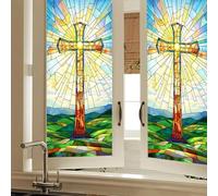 HOMETITUTE Easter Cross Hills Window Film 18 x 39 Inch Stained Glass Mosaic Decorative Privacy Cling PVC Sky Clouds Mountain Religious Faith Glass Panels Spring Decor