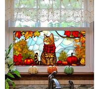 HOMETITUTE Fall Cat Pumpkin Stained Glass Window Film 39.3x17.7 Inch