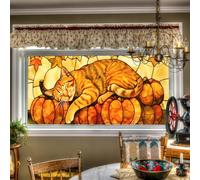 HOMETITUTE Fall Privacy Window Film 39.37x17.71 Inches Stained Glass Window Film Cat Pumpkin Pattern Static Cling Decorative Film for Glass Door Home and Office Bedrooms PVC Cling Sticker