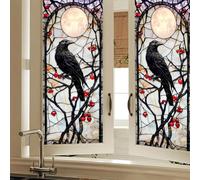 HOMETITUTE Gothic Raven Window Film Stained Glass Window Film Privacy Sun Blocking Static Cling Sticker Privacy Decorative Moon Berry Vines for Glass Door Halloween Home Decor 17.7 x 39.3 Inch
