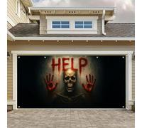 HOMETITUTE Halloween Garage Door Cover 13x6ft Skeleton Witch Banner Spooky Pumpkin Lantern Scene Garage Decoration with Green Moonlit Forest Halloween Decorations Outdoor Backdrop