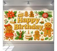HOMETITUTE Happy Birthday Banner Decorations 71x43 Inch Gingerbread Seasonal Family Party Backdrop Cake Christmas Holly Background for Kids Holiday Winter Birthday Decorations