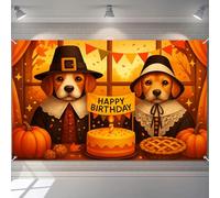 HOMETITUTE Happy Birthday Banner Decorations 71x43 Inch Pilgrim Dogs Party Backdrop Thanksgiving Fall Background Cake Pumpkin Pie for Dog Birthday Decorations for Girls or Boys Gifts