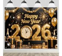 HOMETITUTE Happy New Year 2026 Backdrop 8x6ft Gold Black Balloon Clock Banner Party Photography Background for New Year Eve Celebration Decoration Holiday Photo Booth Wall Display