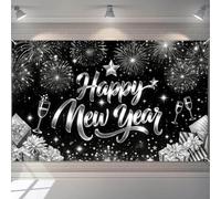 HOMETITUTE Happy New Year 2026 Banner 71x43 Inch Silver Black Fireworks Champagne Party Backdrop Glitter Star Wall Decoration Holiday Photo Background for Indoor Countdown Celebration Display