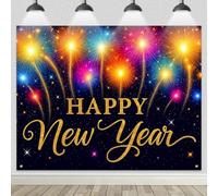 HOMETITUTE Happy New Year Backdrop 8x6ft Colorful Fireworks Photography Background Glitter Night Sky Banner for New Year Eve Party Holiday Celebration Decoration Indoor Photo Booth Wall Scene Display