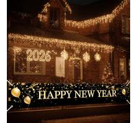 HOMETITUTE Happy New Year Banner 118x20 Inch Black Gold Balloons Backdrop Glitter Celebration Decoration for 2026 New Year Party Indoor Outdoor Wall Yard Porch Countdown Photo Background Display