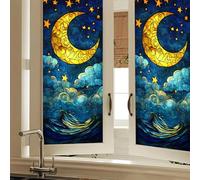 HOMETITUTE Midsummer Night Moon Stars Ocean Waves Window Film 18 x 39 Inch Stained Glass Window Film Decorative Privacy Cling PVC Vertical Window Cover Glass Panels Home Background