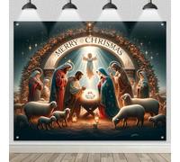 HOMETITUTE Nativity Backdrop 8x6ft Holy Family Banner Jesus Birth Manger Scene Background with Angels and Shepherds Bethlehem Religious Decorations for Church Christmas Indoor Outdoor