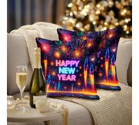 HOMETITUTE New Year Holiday Neon Happy New Year Throw Pillow Covers 18x18 Inch Set of 2 Fireworks Rocket Glow Decorative Cushion Covers for Sofa Couch Bed Winter Rustic Farmhouse Seasonal Home Decor