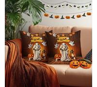 HOMETITUTE Pack of 2 Halloween Pillow Covers 18x18 Inch Ghost Puppy with Pumpkin Lantern Design Throw Pillow Covers Spooky Decorative Pillows for Couch Pillows Sofa Bed Glossy Satin Home Decor