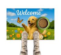 HOMETITUTE Pet Feeding Mat 24" x 16"Welcome Cute Puppy Garden Design Non Slip Cat and Dog Bowl Mat Easy Clean Pet Food Mat Pet Placemat for Dog and Cat Feeding Area Kitchen Floor Home Decor