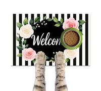 HOMETITUTE Pet Feeding Mat 24" x 16"Welcome Floral Stripe Design Non Slip Cat and Dog Bowl Mat Easy Clean Pet Food Mat Pet Placemat for Dog and Cat Feeding Area Kitchen Floor Home Decor
