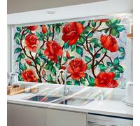 HOMETITUTE Rainbow Window Film 39.37x17.71 Inches Red Rose Pattern Glass Decorative Flower Privacy Window Film for Home Privacy Decoration for Glass Door Home and Office Bedrooms PVC Cling Sticker